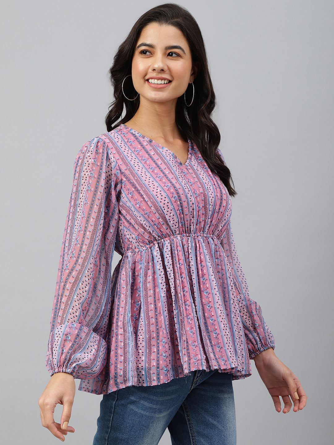 Janasya Women's Pink Dobby Georgette Digital Print Peplum Top