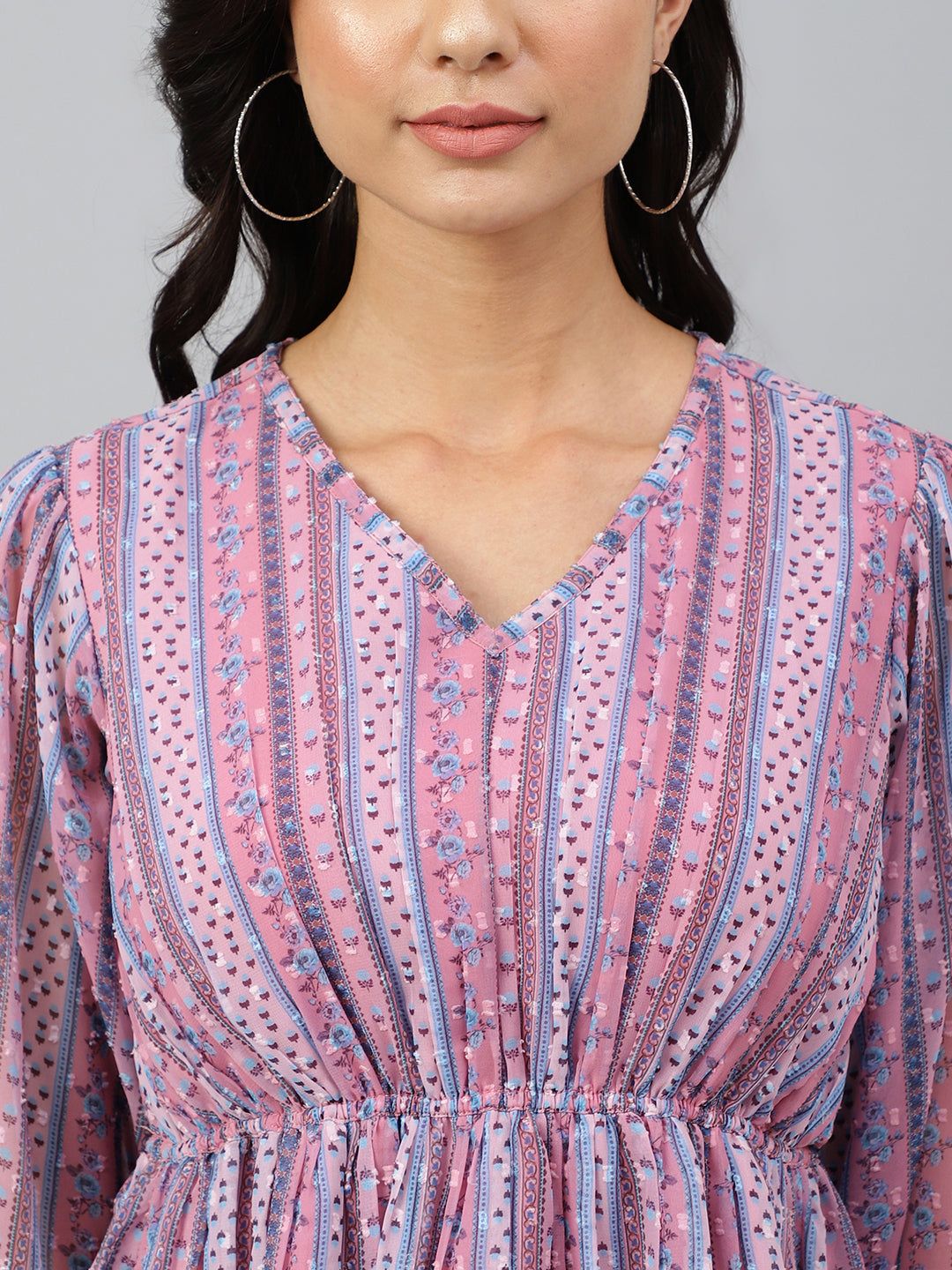 Janasya Women's Pink Dobby Georgette Digital Print Peplum Top