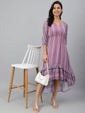 Janasya Women's Pink Dobby Georgette Digital Print High Low Western Dress