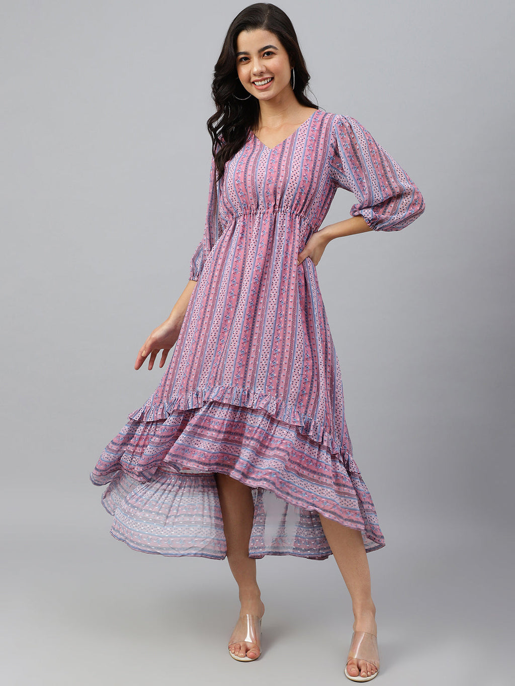 Janasya Women's Pink Dobby Georgette Digital Print High Low Western Dress