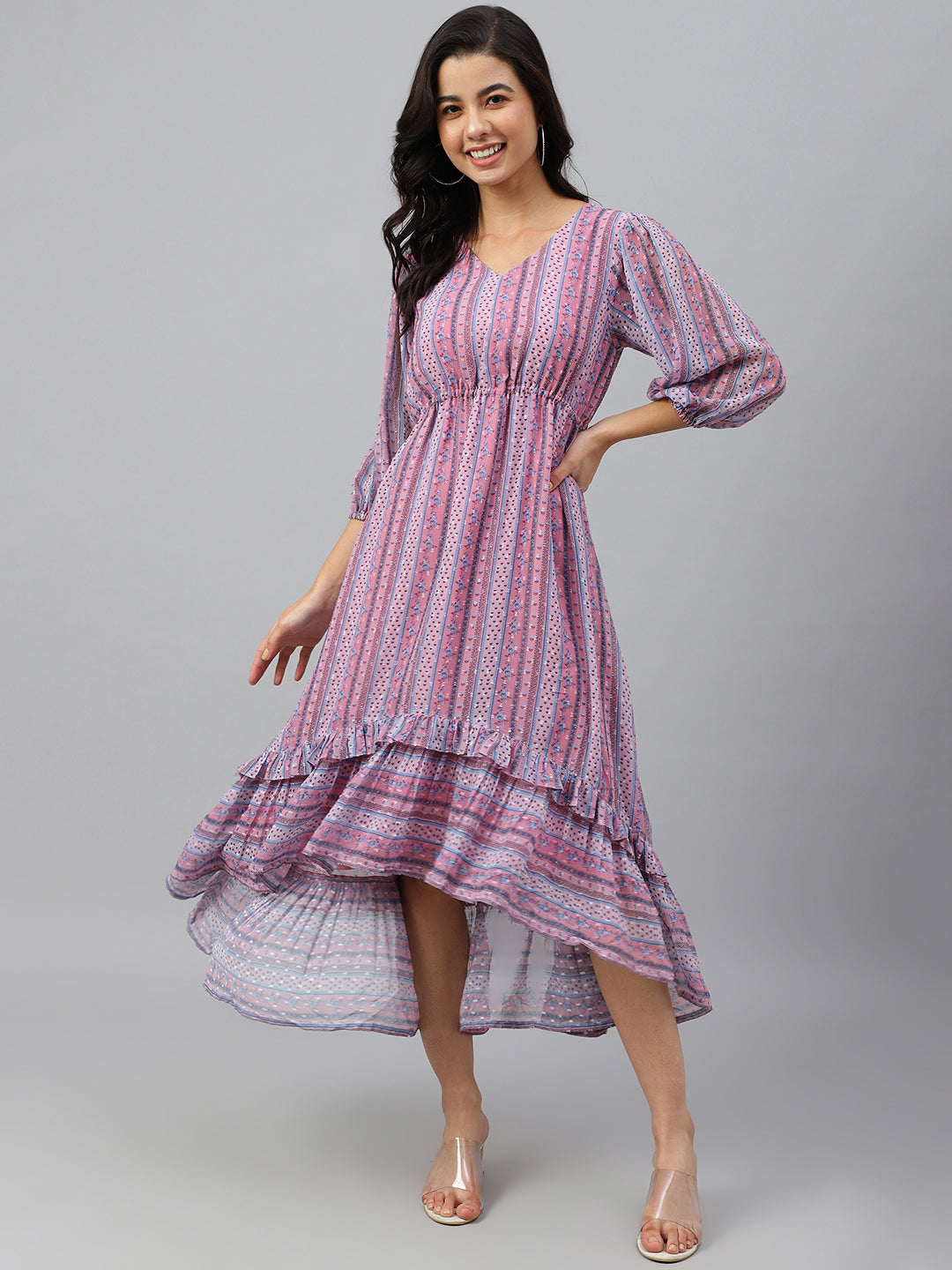 Janasya Women's Pink Dobby Georgette Digital Print High Low Western Dress