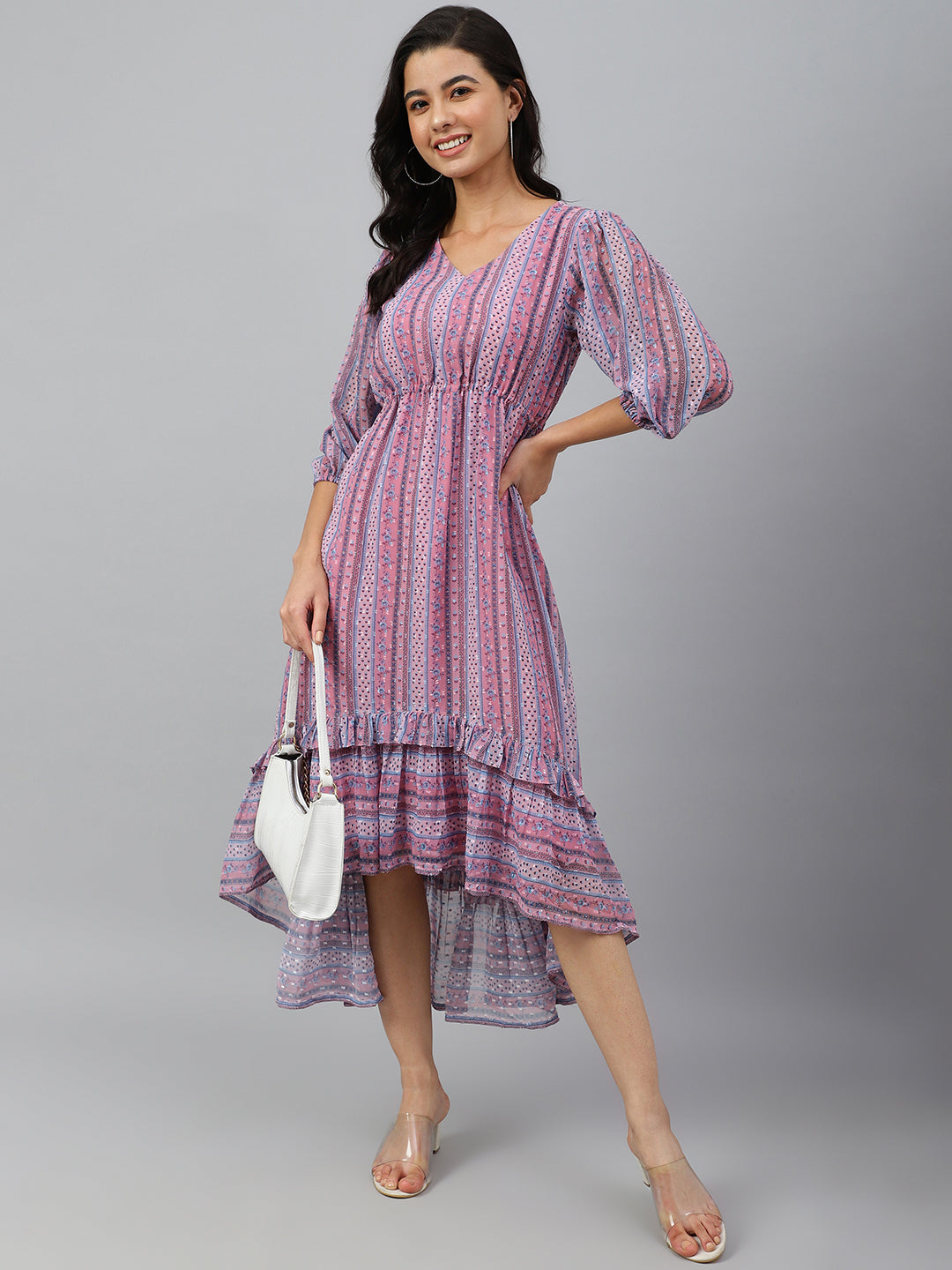 Janasya Women's Pink Dobby Georgette Digital Print High Low Western Dress