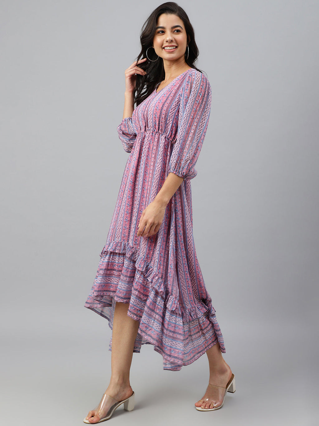 Janasya Women's Pink Dobby Georgette Digital Print High Low Western Dress