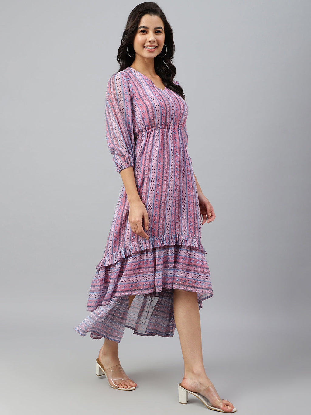 Janasya Women's Pink Dobby Georgette Digital Print High Low Western Dress