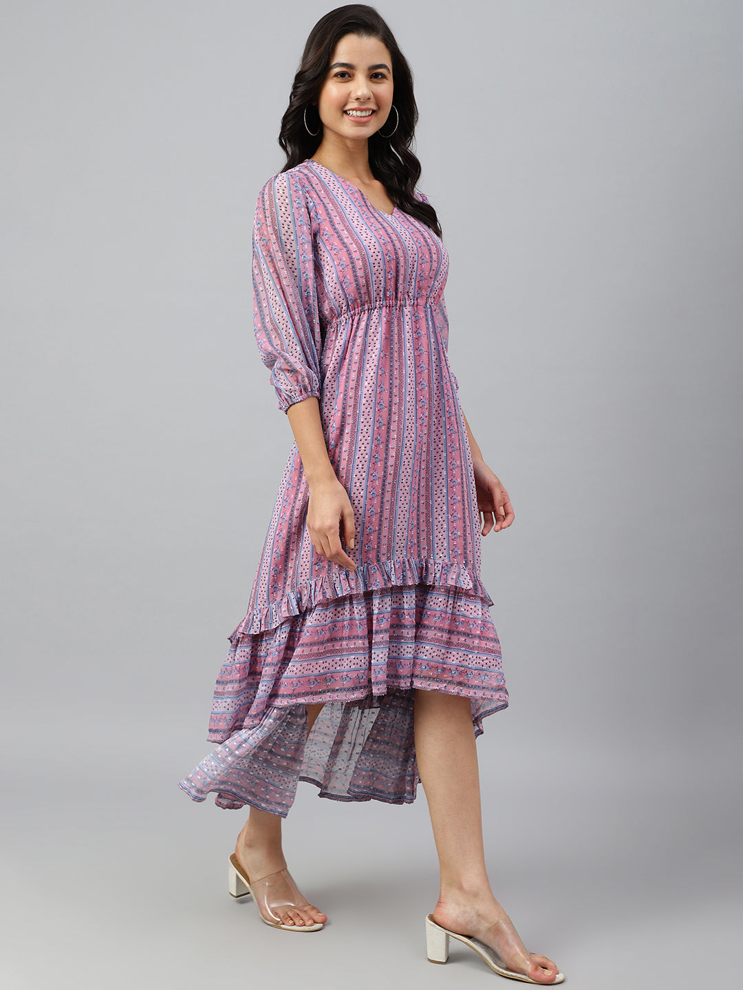 Janasya Women's Pink Dobby Georgette Digital Print High Low Western Dress