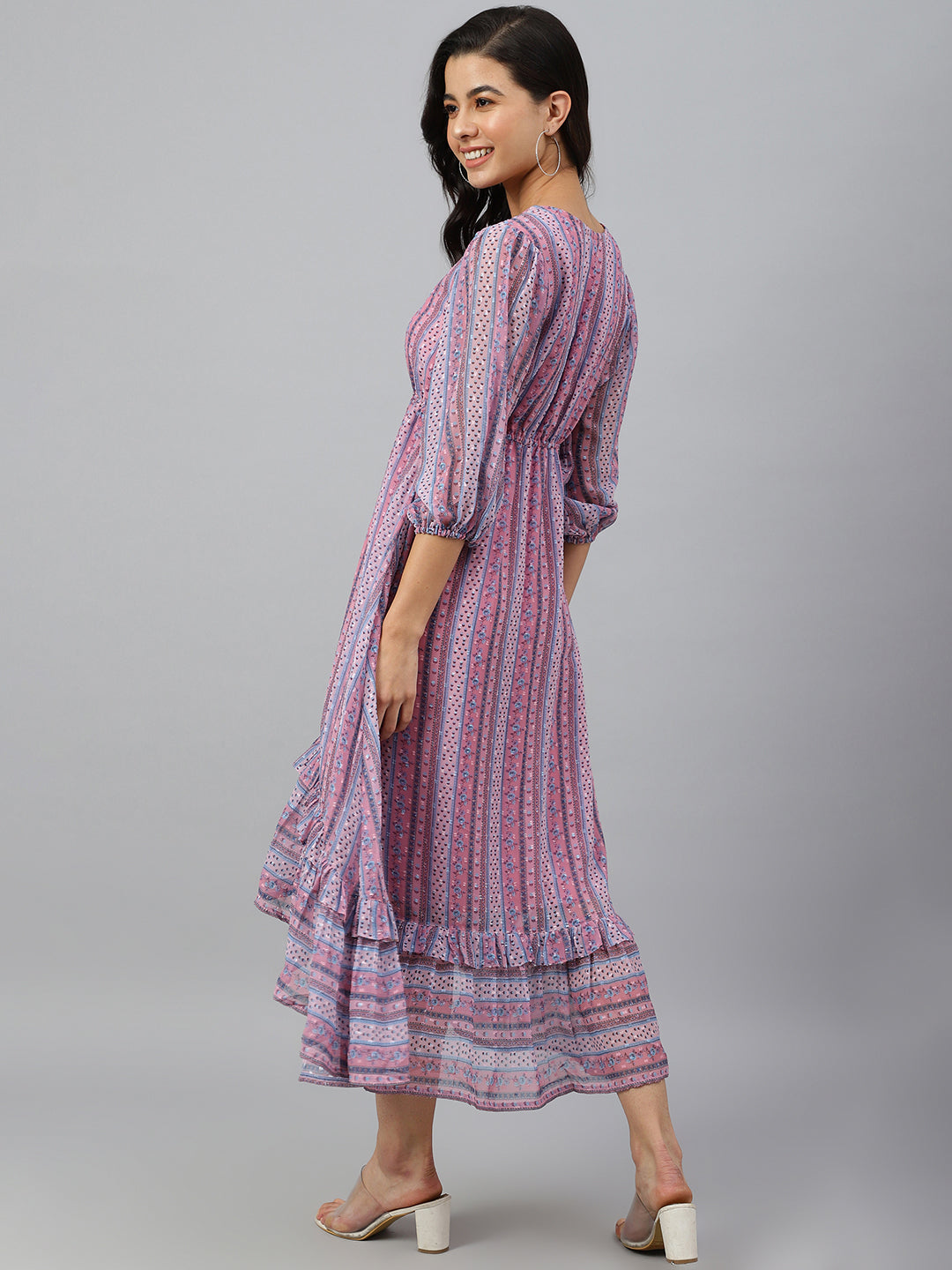 Janasya Women's Pink Dobby Georgette Digital Print High Low Western Dress