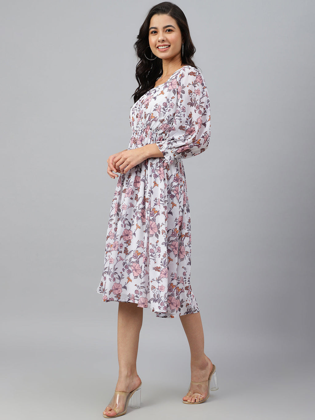 Janasya Women's White Georgette Floral Printed Flared Western Dress