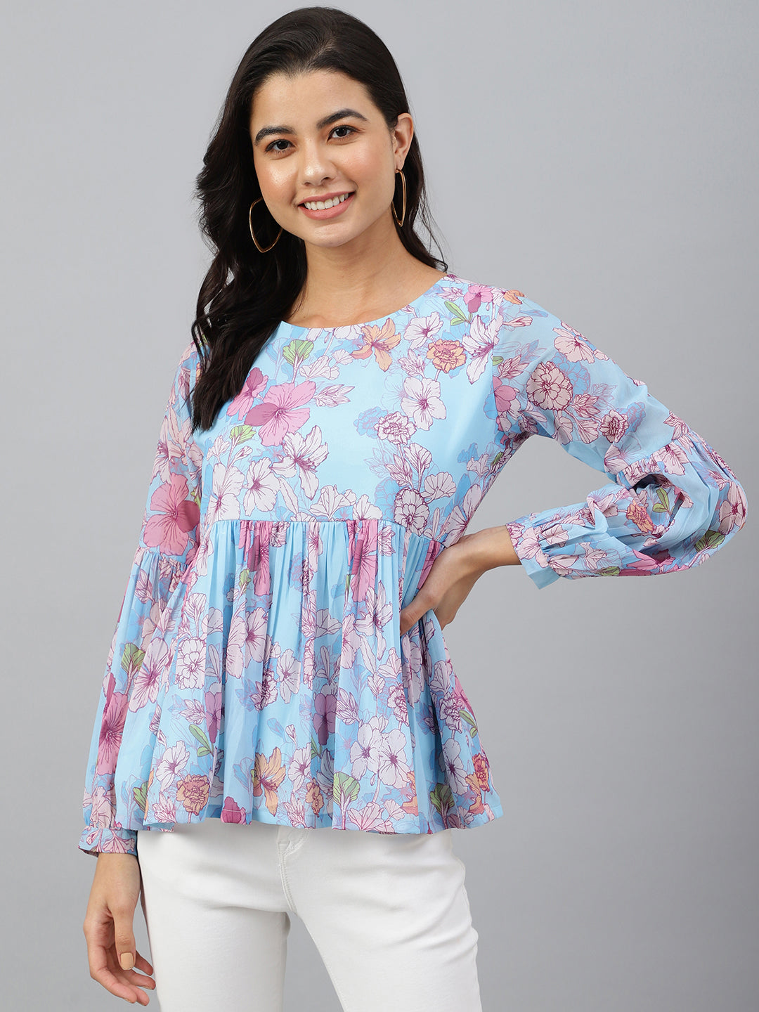 Janasya Women's Sky Blue Georgette Floral Print Flared Top