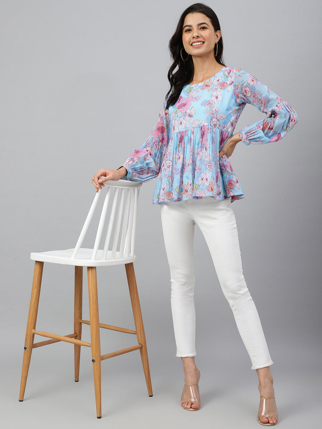 Janasya Women's Sky Blue Georgette Floral Print Flared Top
