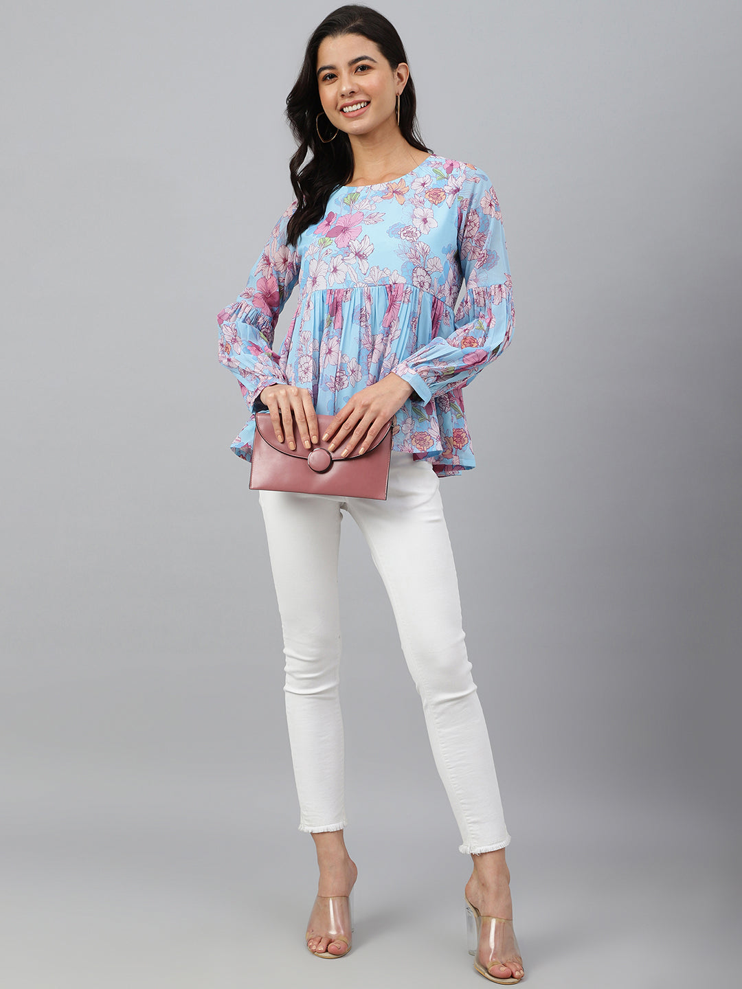Janasya Women's Sky Blue Georgette Floral Print Flared Top