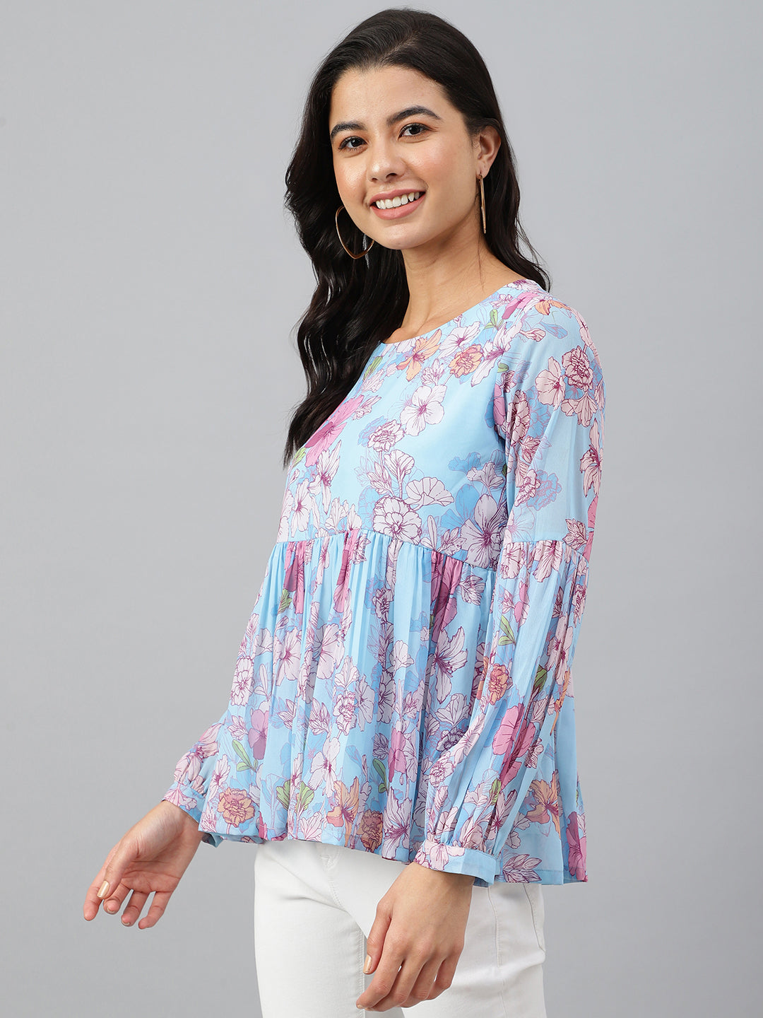 Janasya Women's Sky Blue Georgette Floral Print Flared Top