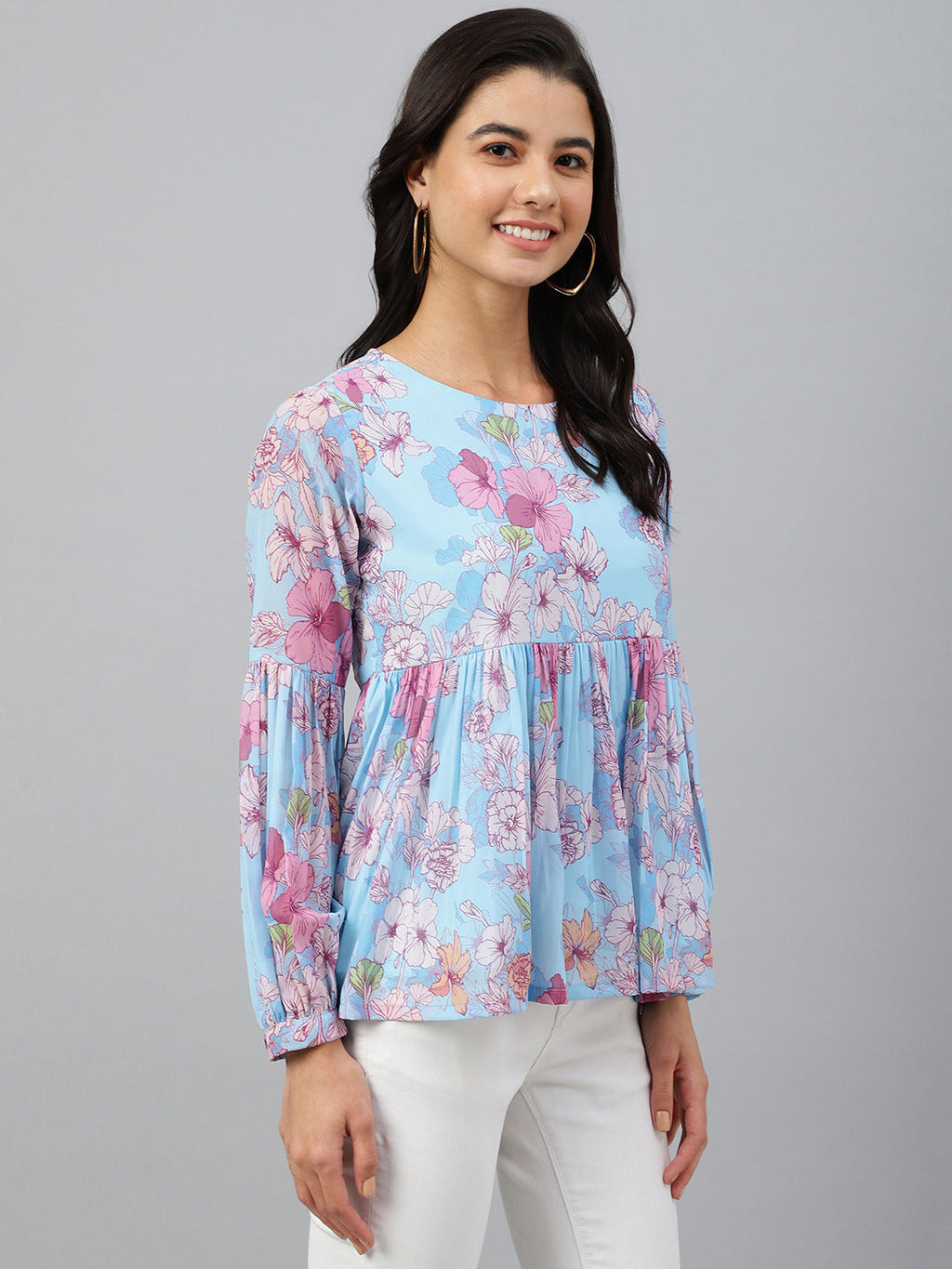 Janasya Women's Sky Blue Georgette Floral Print Flared Top