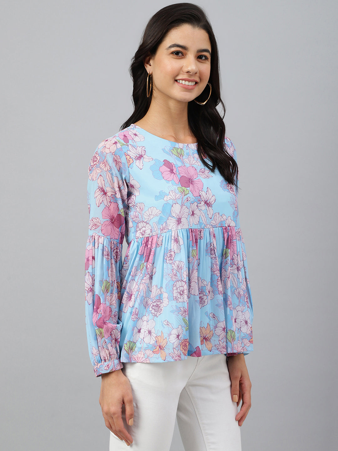 Janasya Women's Sky Blue Georgette Floral Print Flared Top