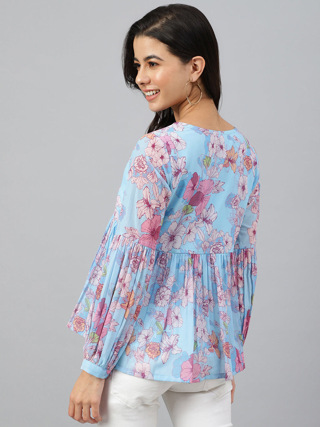 Janasya Women's Sky Blue Georgette Floral Print Flared Top
