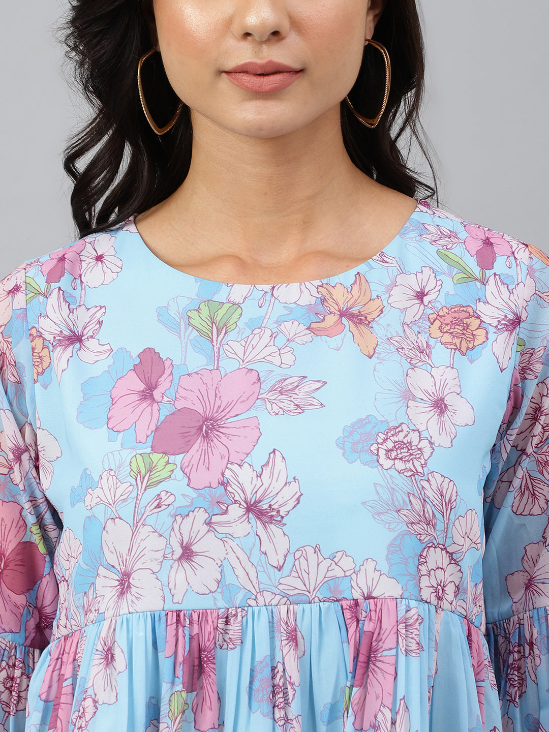 Janasya Women's Sky Blue Georgette Floral Print Flared Top