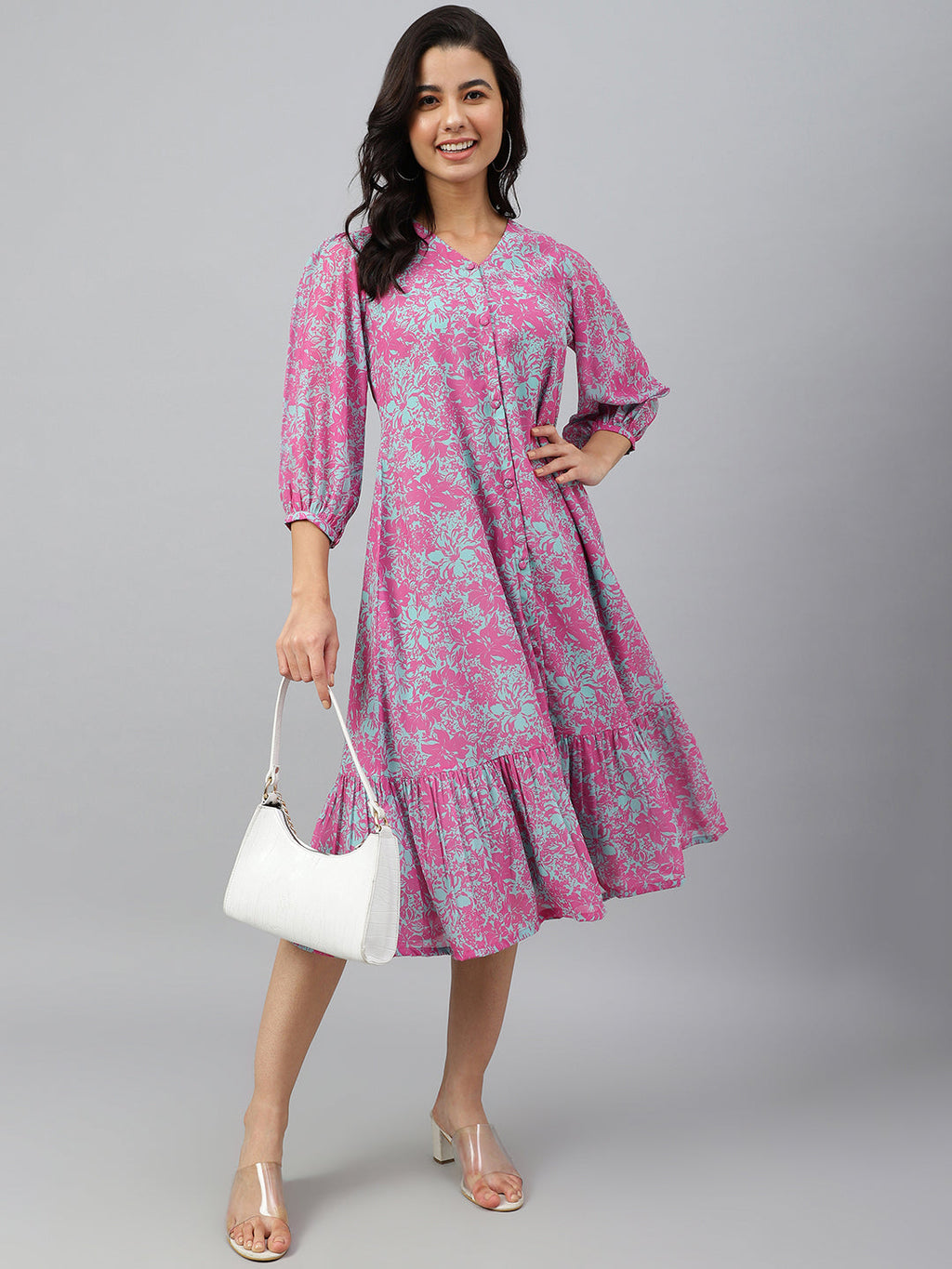 Janasya Women's Pink Georgette Floral Printed A-line Western Dress
