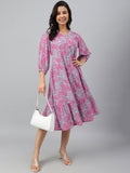 Janasya Women's Pink Georgette Floral Printed A-line Western Dress