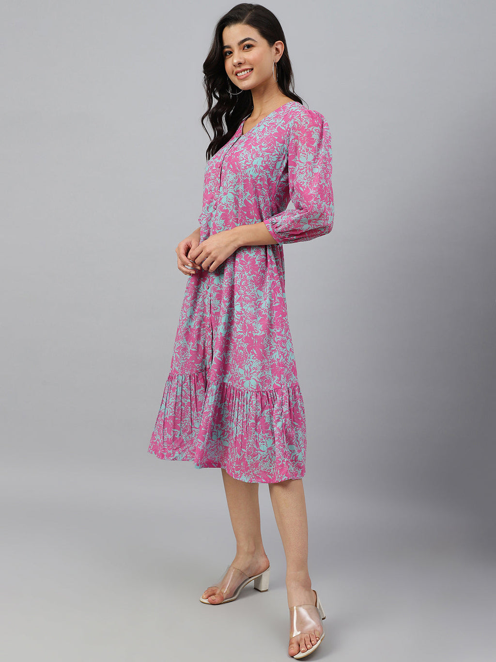 Janasya Women's Pink Georgette Floral Printed A-line Western Dress