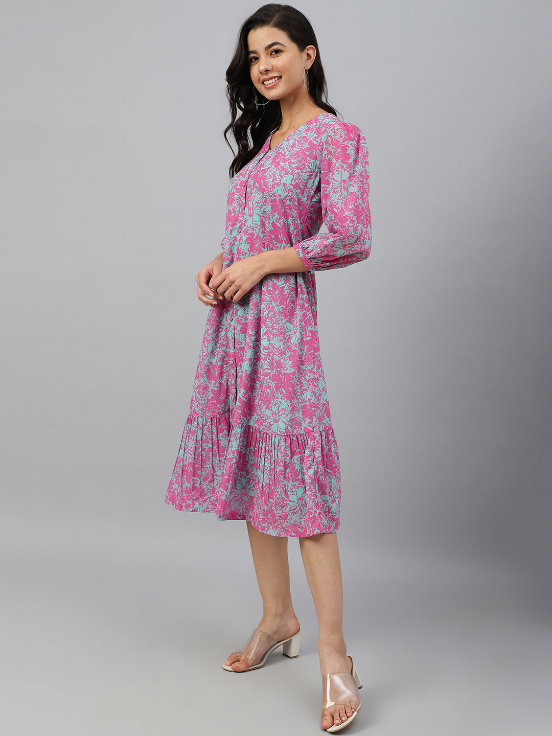 Janasya Women's Pink Georgette Floral Printed A-line Western Dress