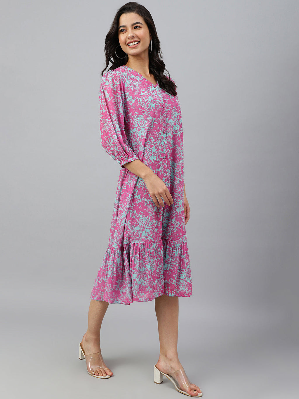 Janasya Women's Pink Georgette Floral Printed A-line Western Dress