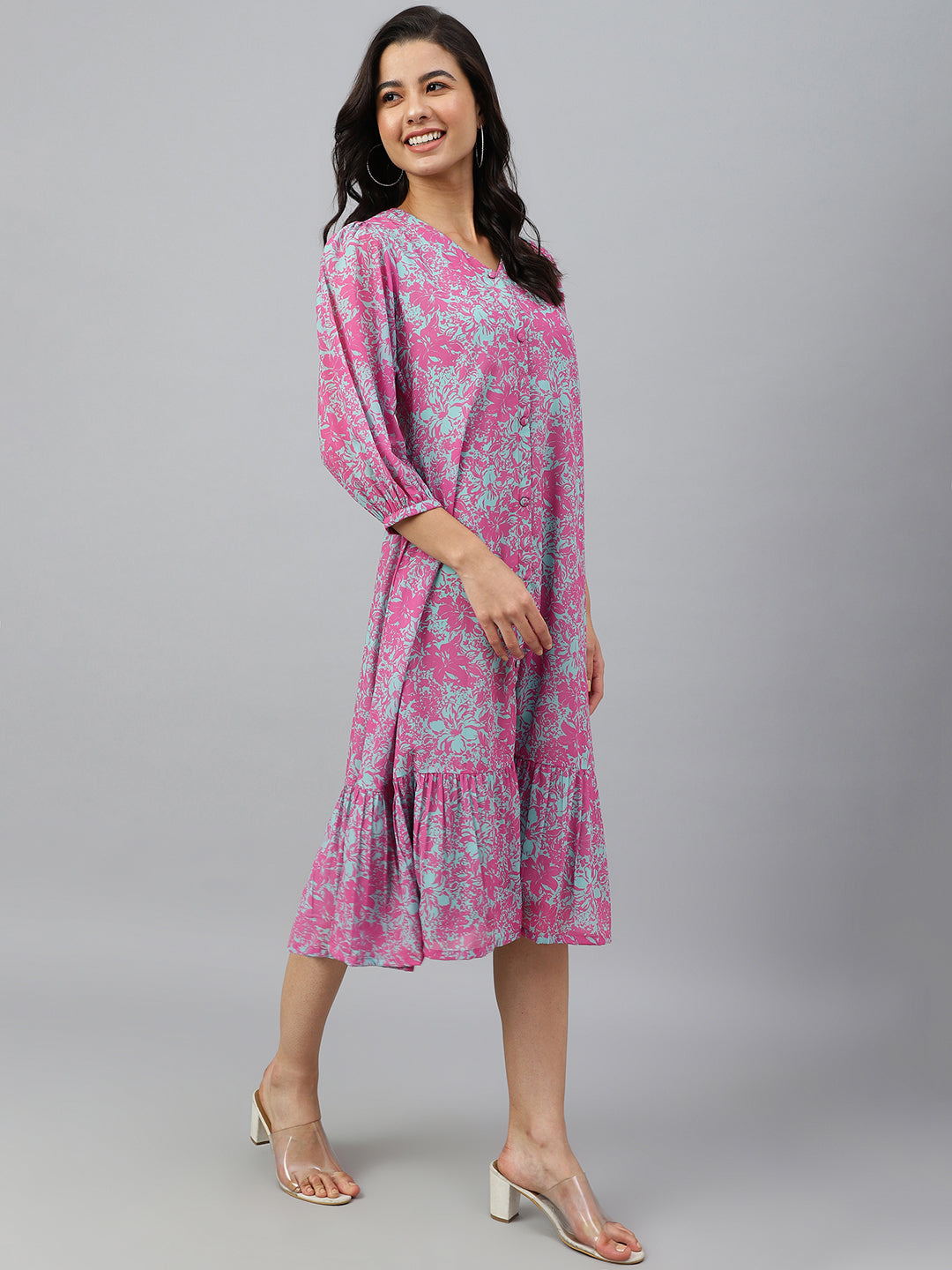 Janasya Women's Pink Georgette Floral Printed A-line Western Dress