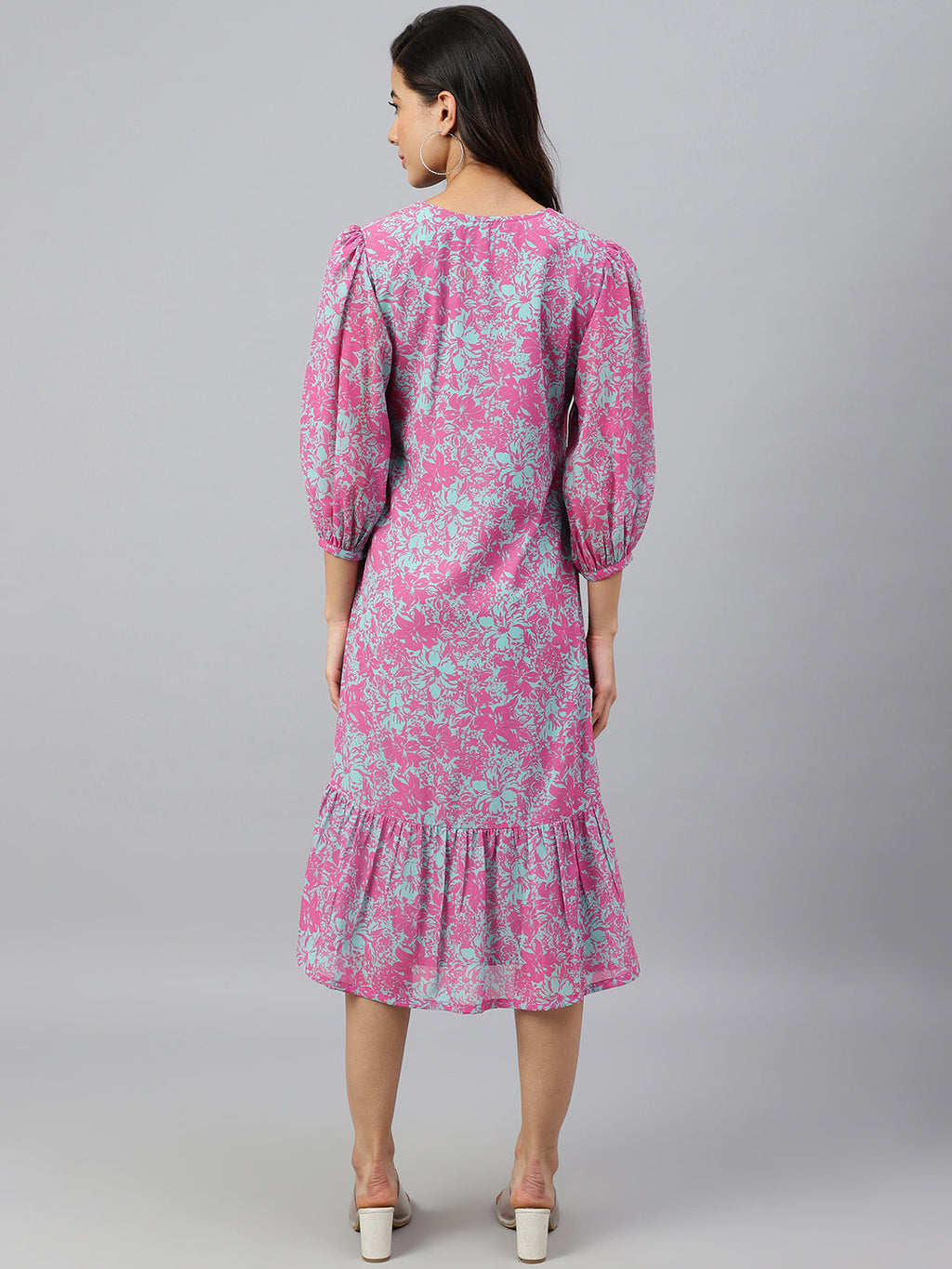 Janasya Women's Pink Georgette Floral Printed A-line Western Dress
