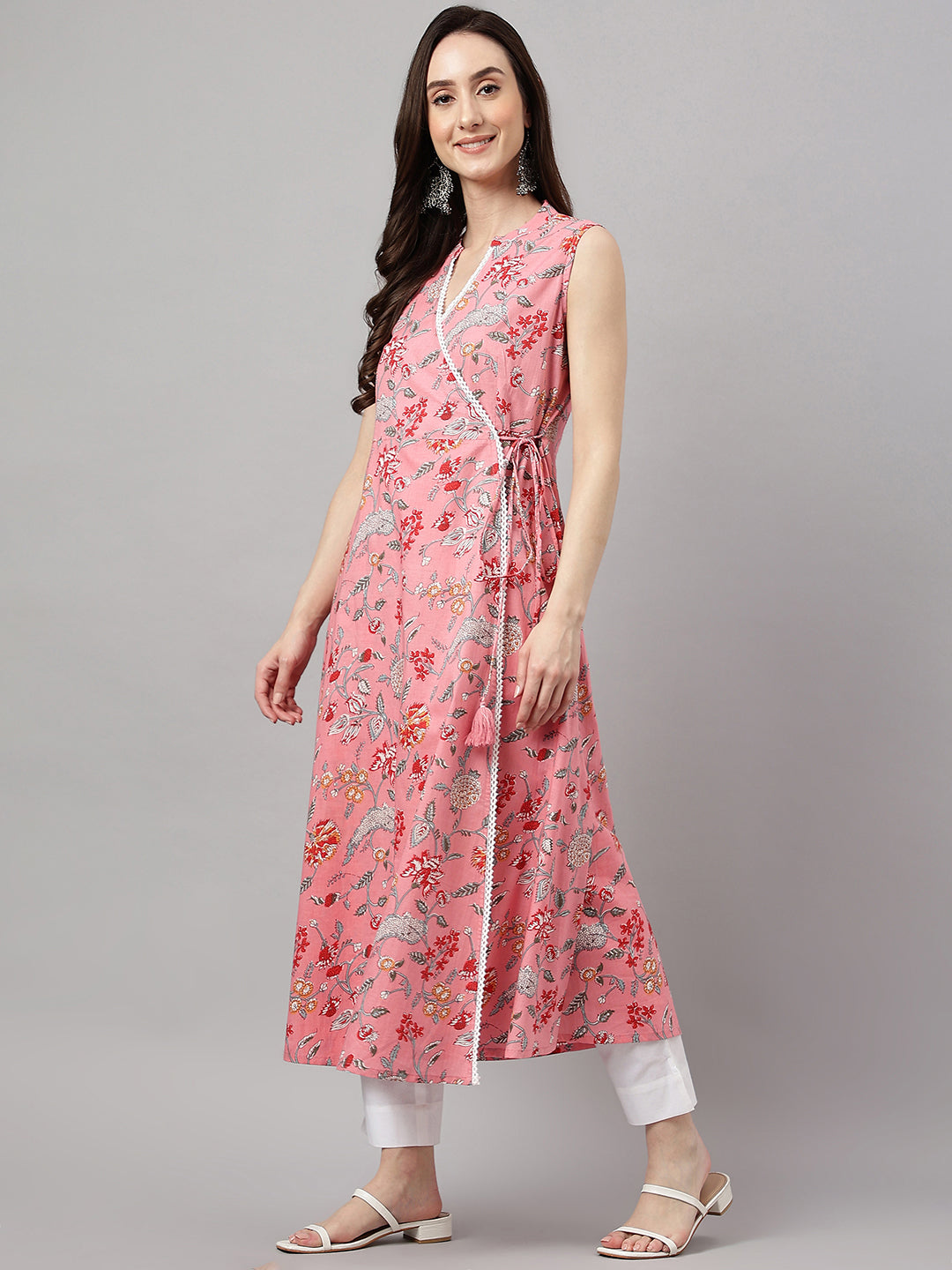 Janasya Women's Pink Cotton Floral Printed Casual Angrakha Kurta