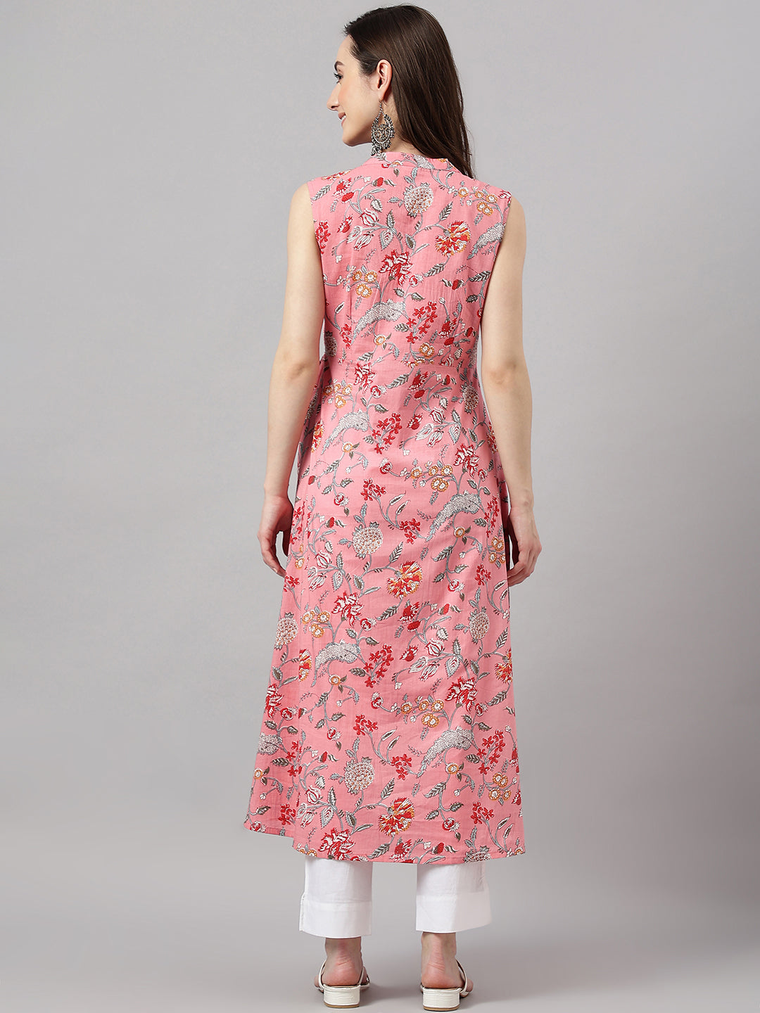 Janasya Women's Pink Cotton Floral Printed Casual Angrakha Kurta