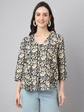 Janasya Women's Black Cotton Floral Print Casual Regular Top
