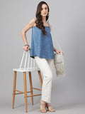 Janasya Women's Blue Denim Solid Regular Top