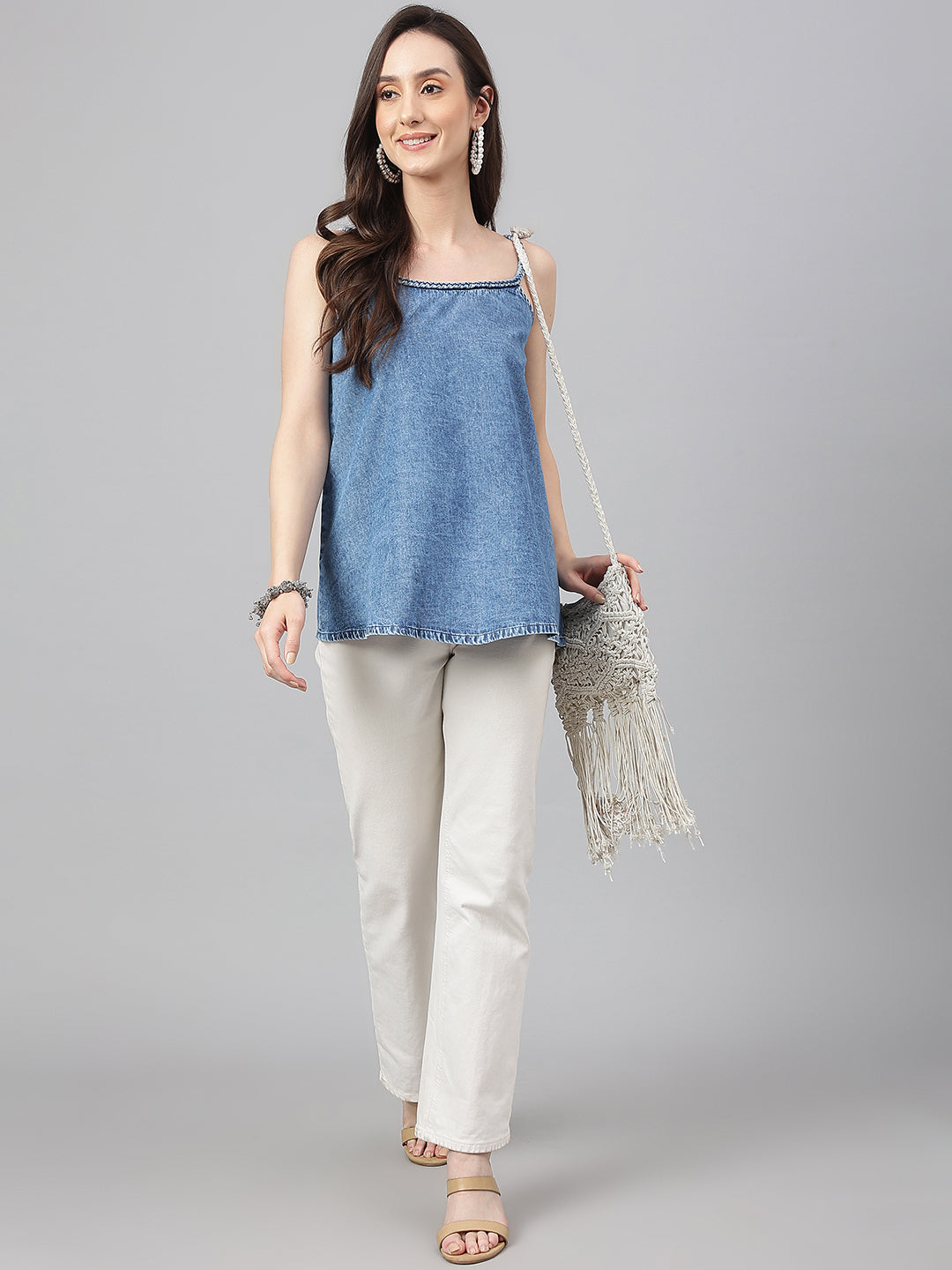 Janasya Women's Blue Denim Solid Regular Top
