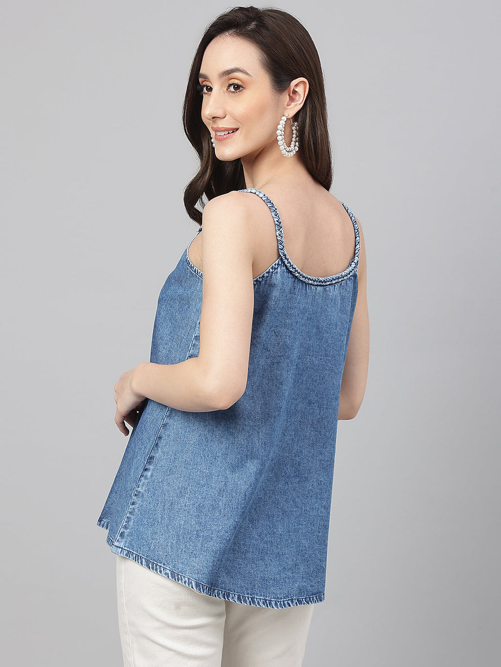 Janasya Women's Blue Denim Solid Regular Top