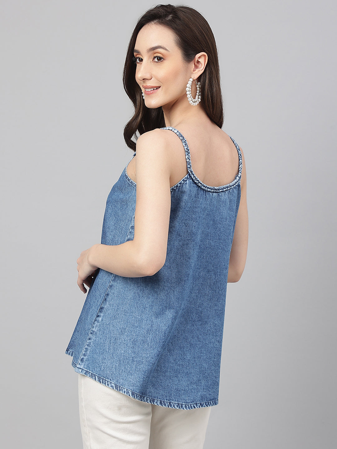 Janasya Women's Blue Denim Solid Regular Top