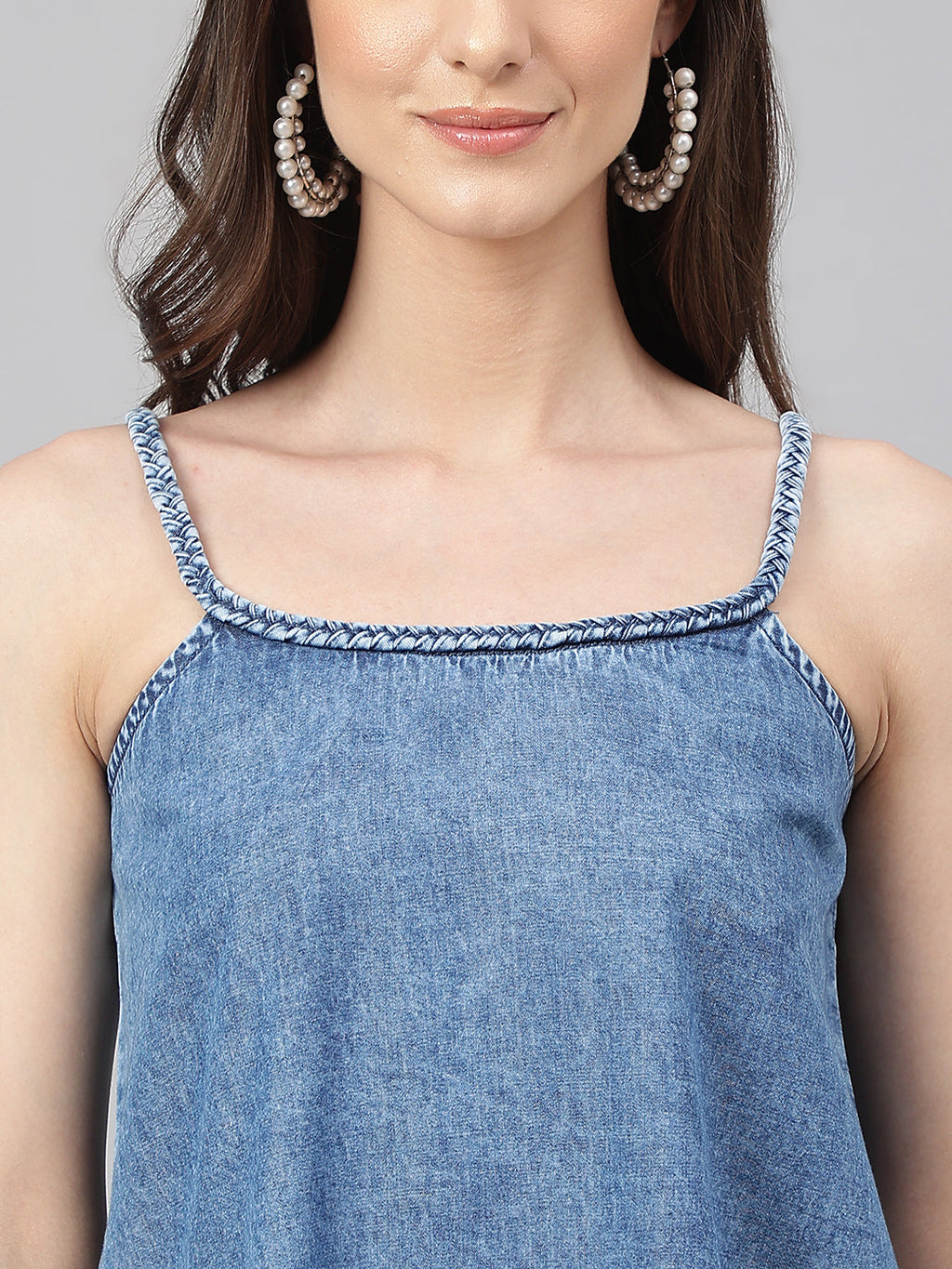 Janasya Women's Blue Denim Solid Regular Top