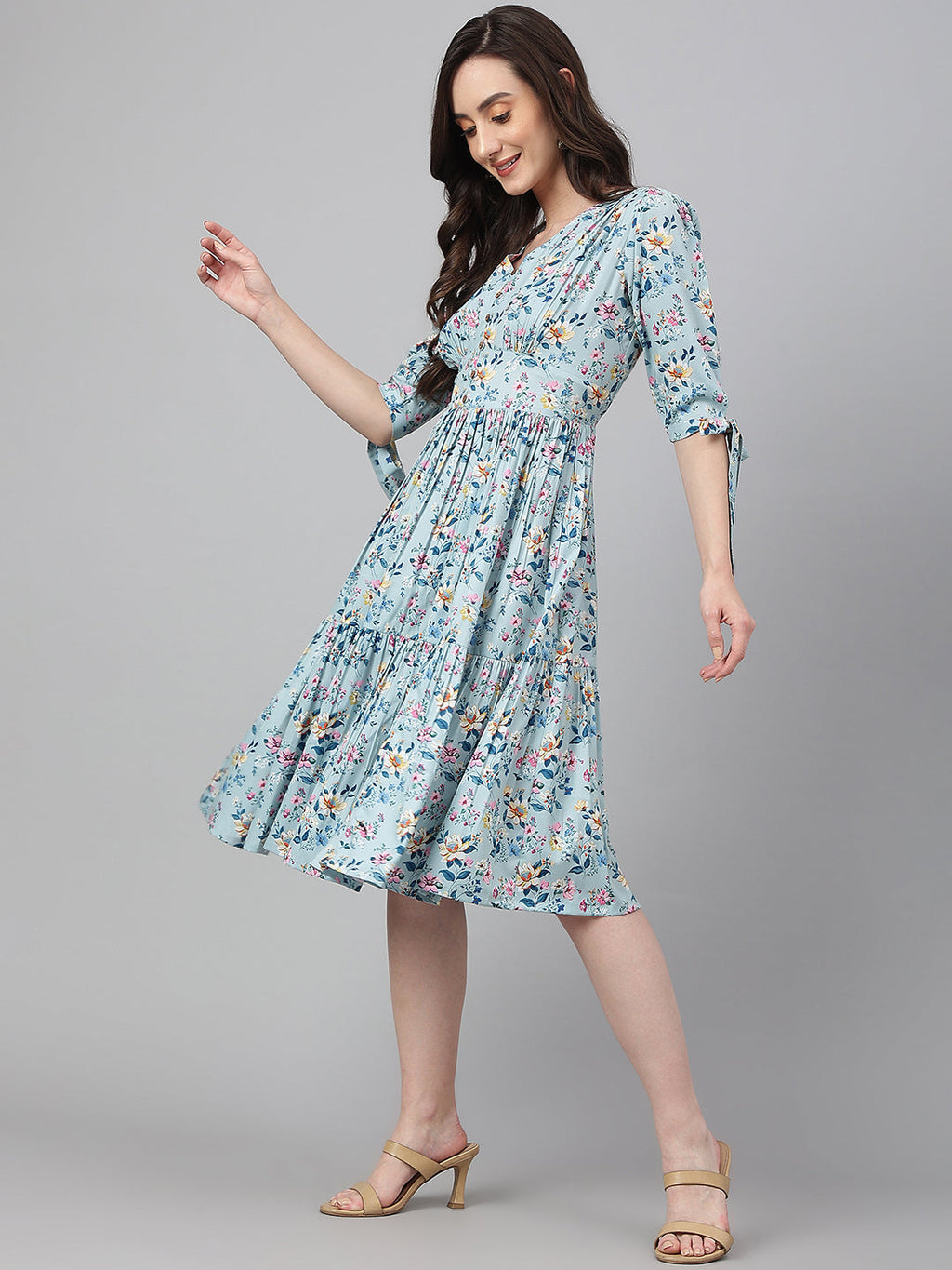 Janasya Women's Blue Crepe Digital Printed Flared Western Dress