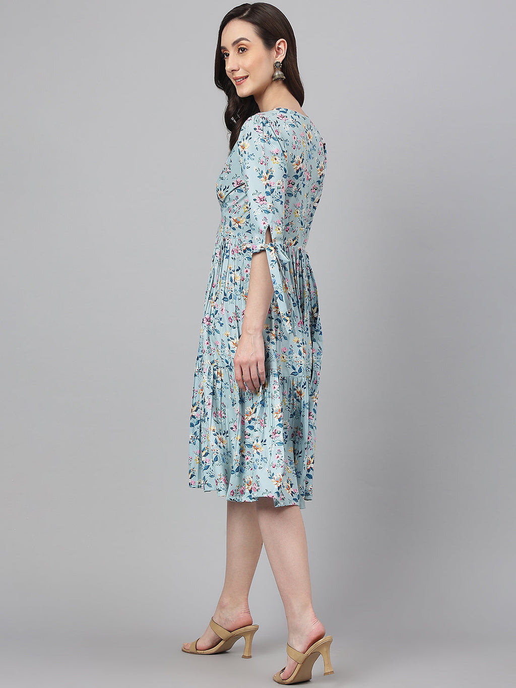 Janasya Women's Blue Crepe Digital Printed Flared Western Dress