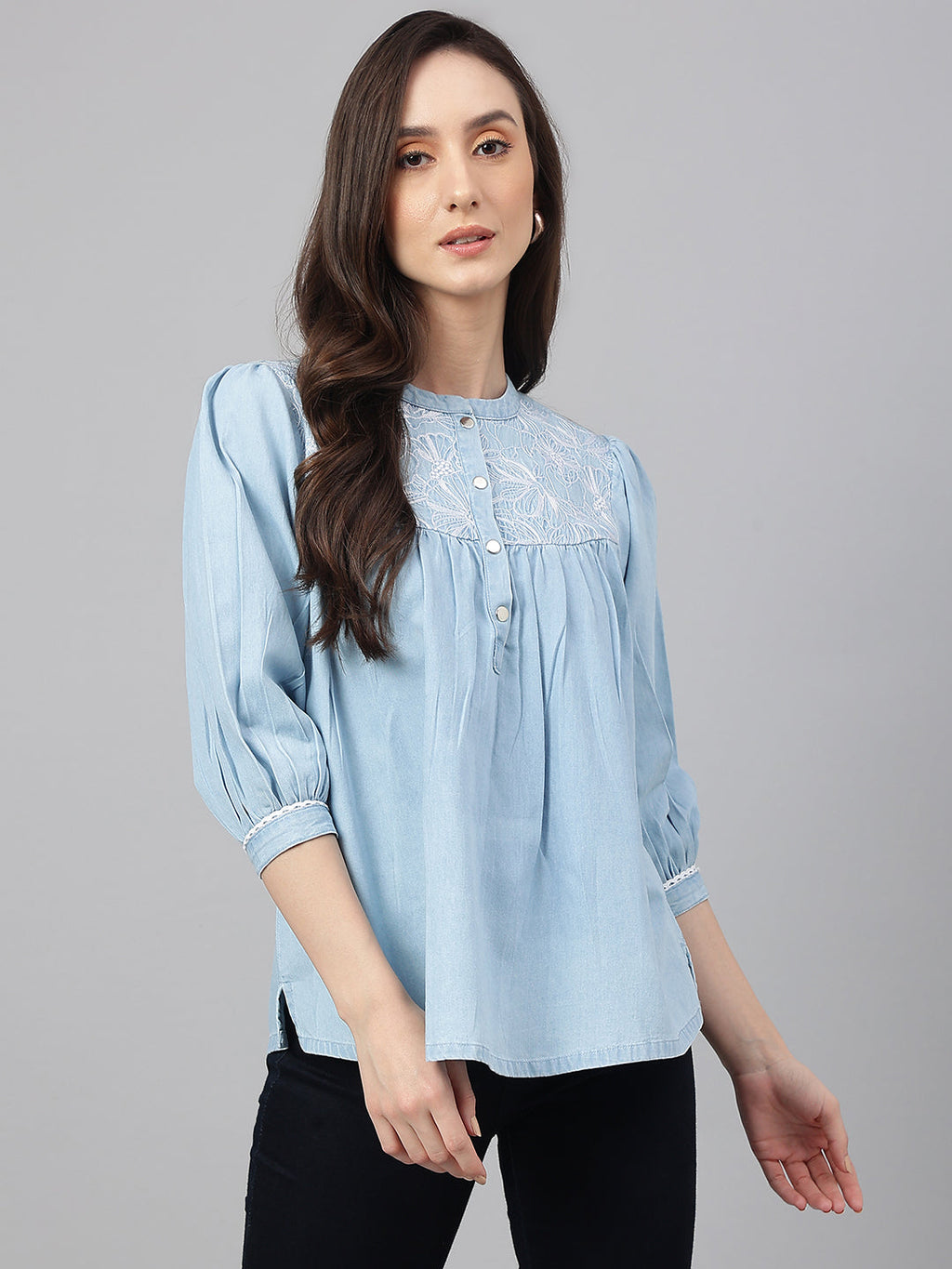 Janasya Women's Light Blue Denim Embroidered Flared Top