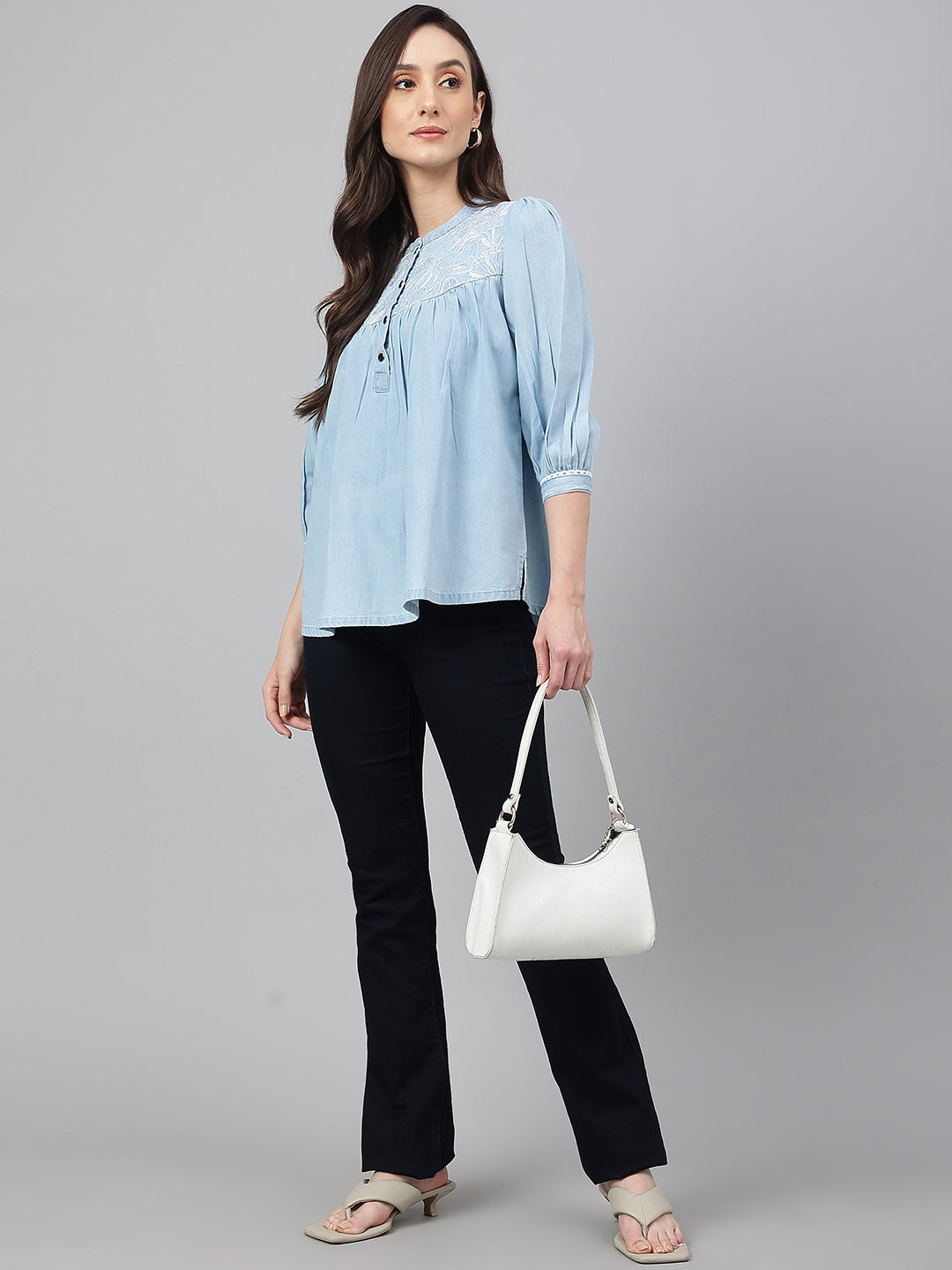 Janasya Women's Light Blue Denim Embroidered Flared Top