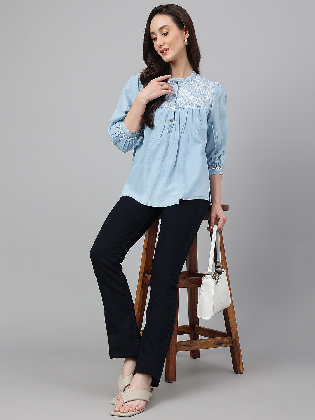 Janasya Women's Light Blue Denim Embroidered Flared Top