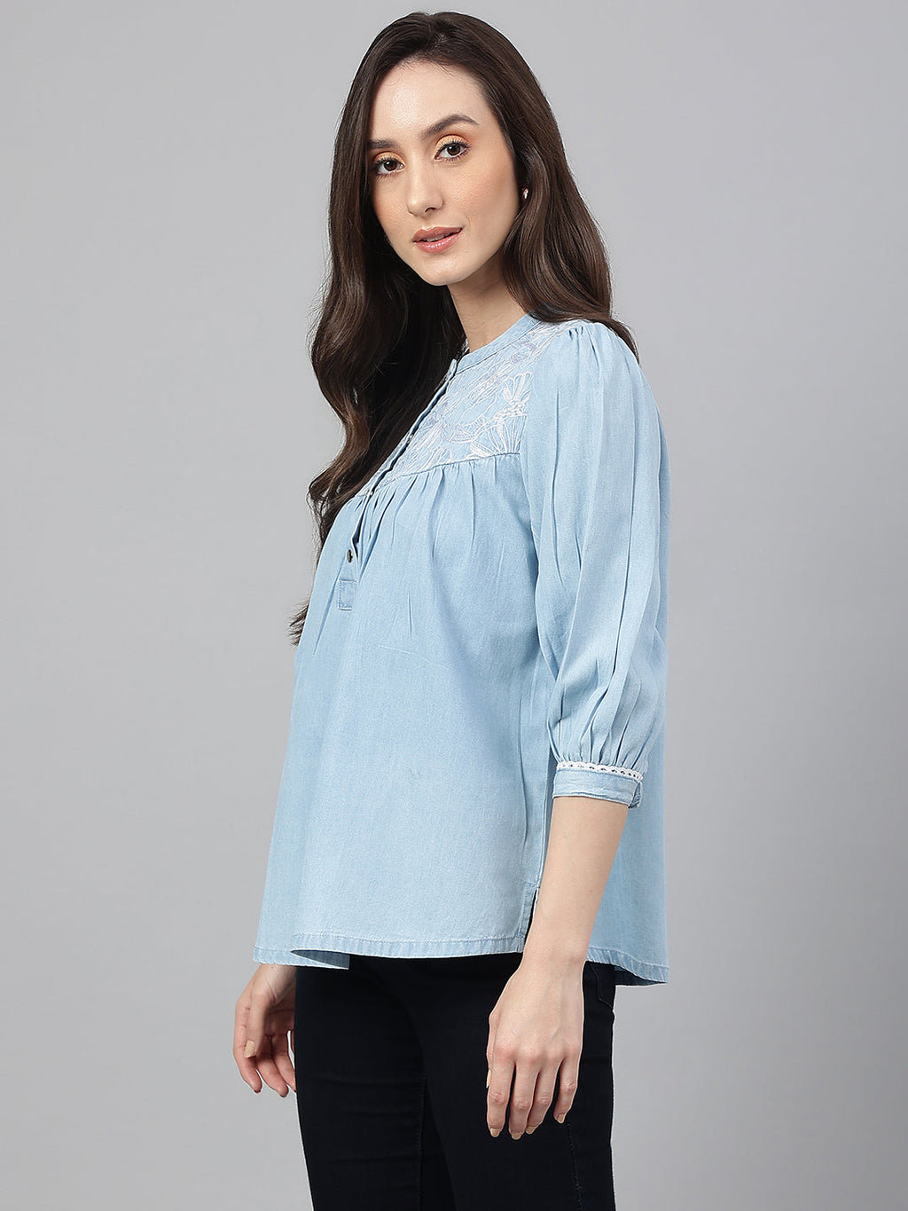 Janasya Women's Light Blue Denim Embroidered Flared Top