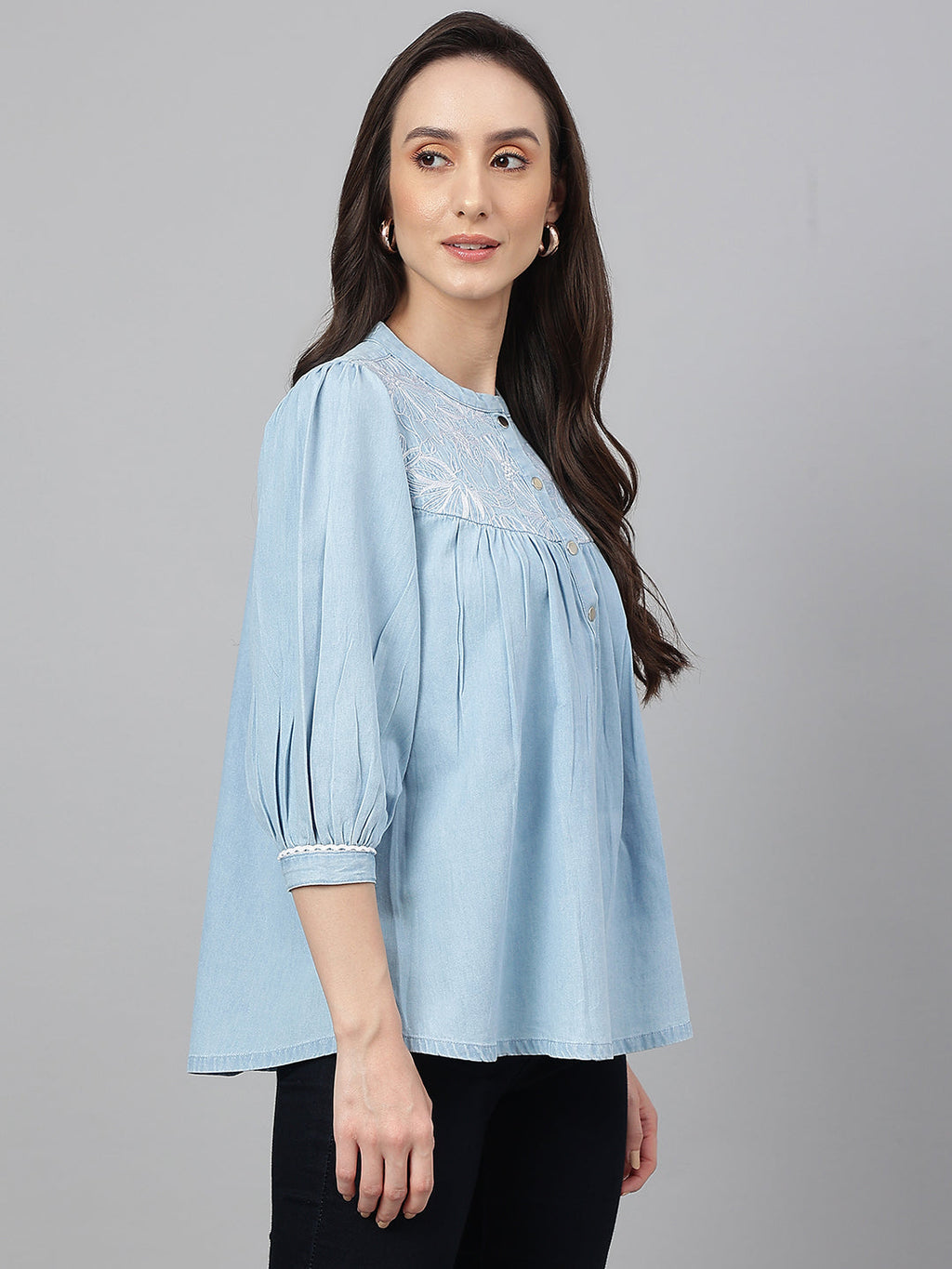 Janasya Women's Light Blue Denim Embroidered Flared Top