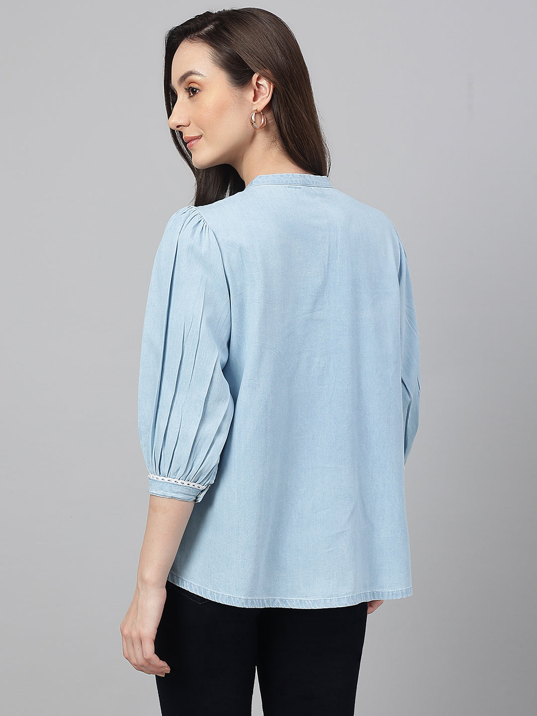 Janasya Women's Light Blue Denim Embroidered Flared Top