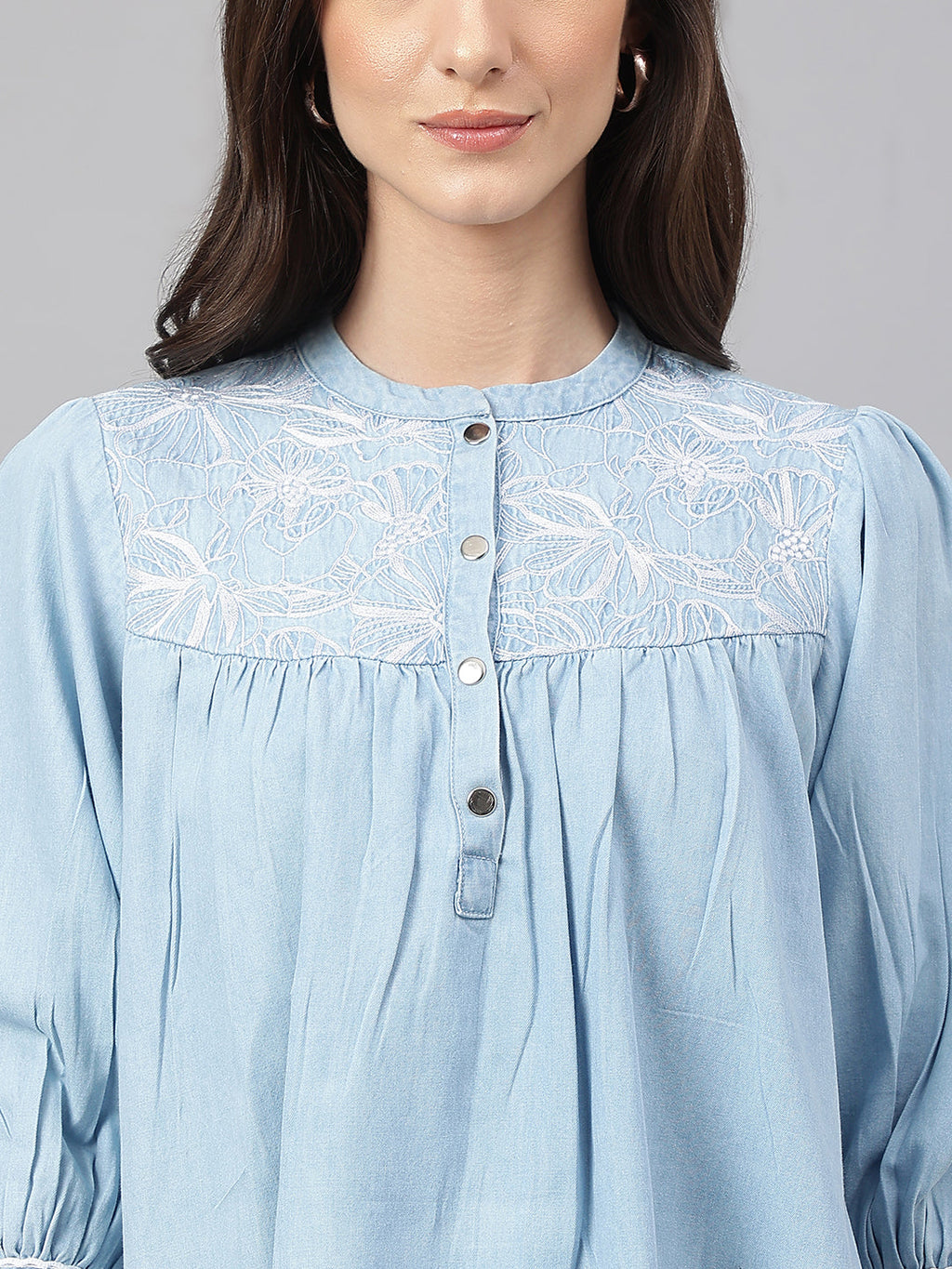 Janasya Women's Light Blue Denim Embroidered Flared Top