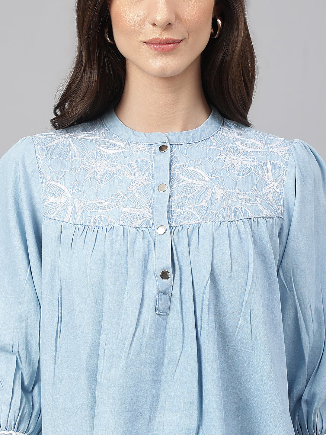 Janasya Women's Light Blue Denim Embroidered Flared Top