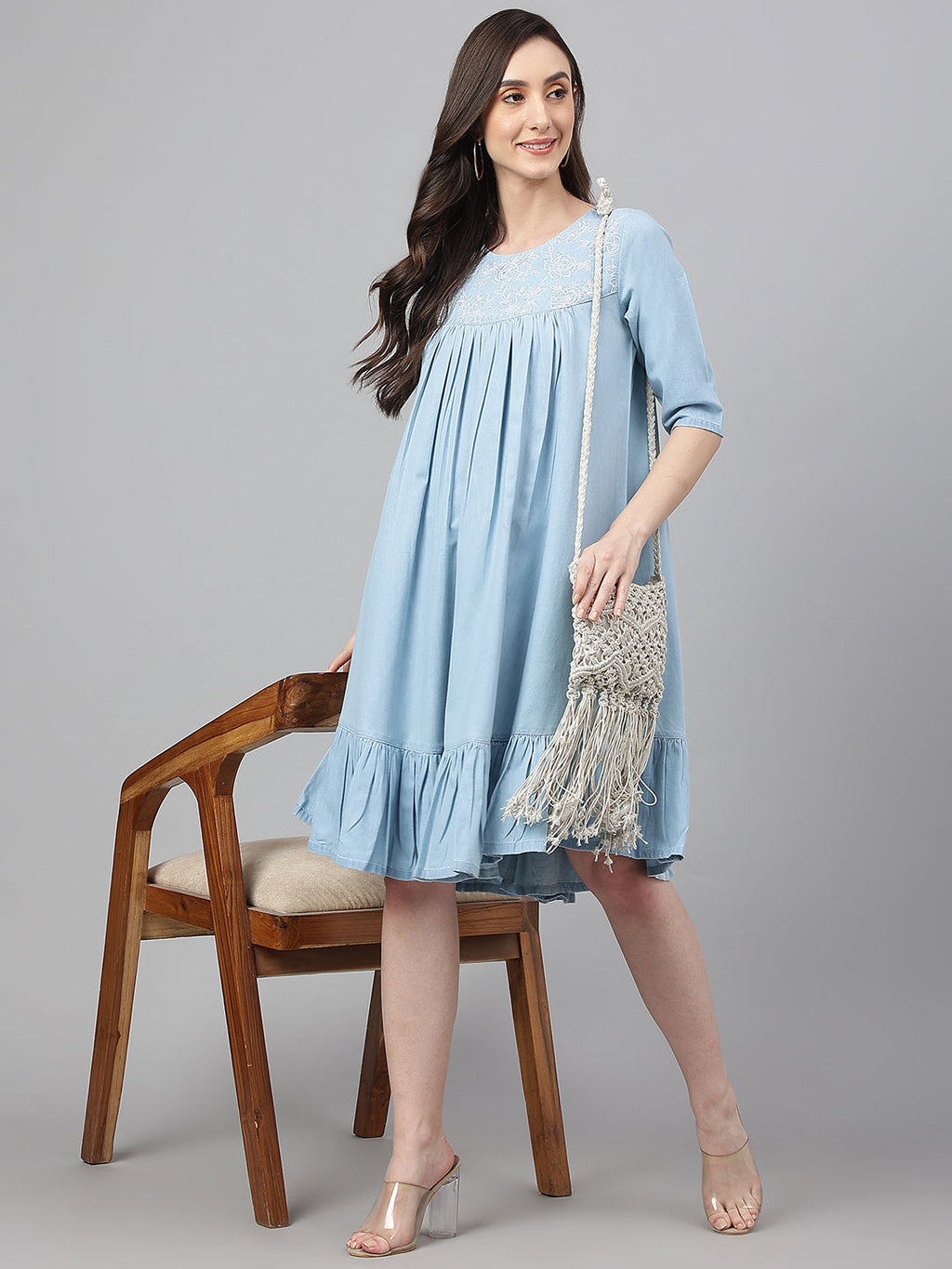 Janasya Women's Light Blue Denim Solid Flared Western Dress