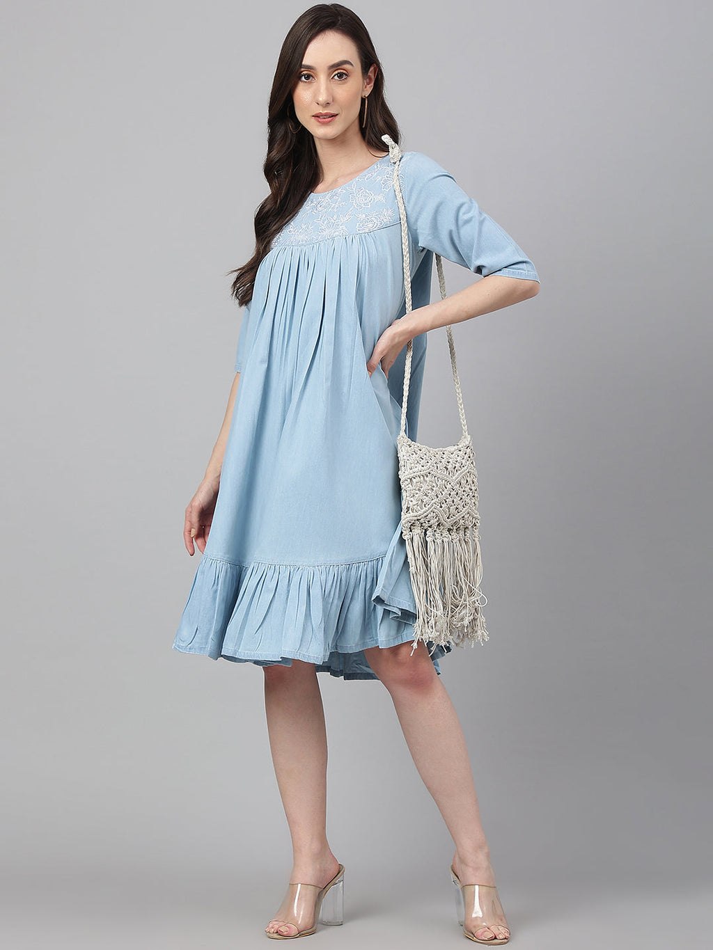 Janasya Women's Light Blue Denim Solid Flared Western Dress