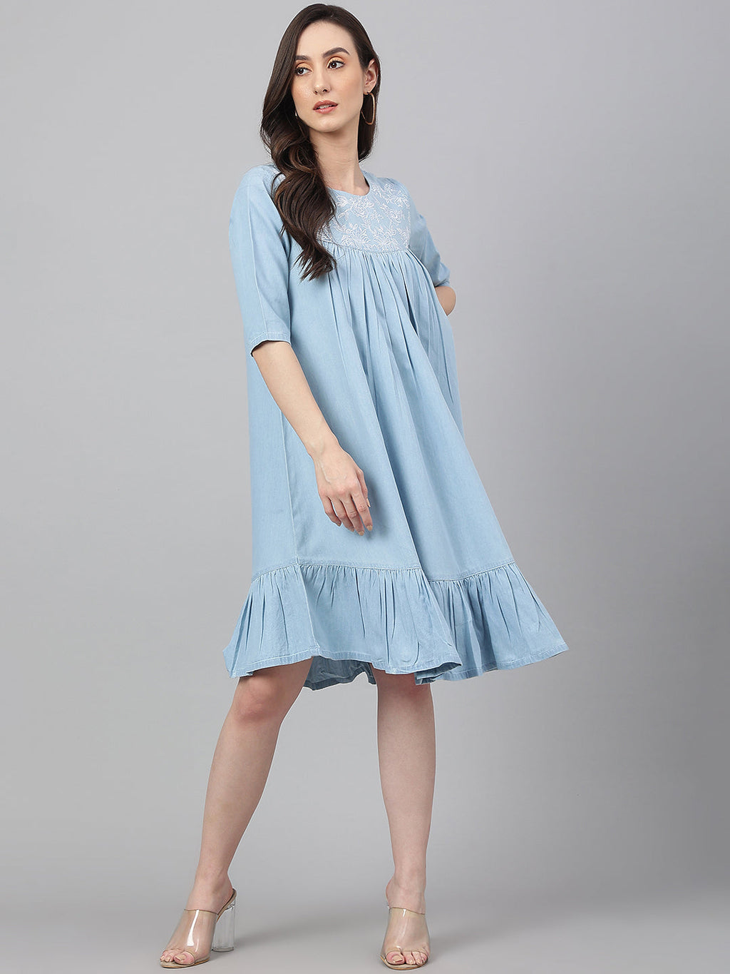 Janasya Women's Light Blue Denim Solid Flared Western Dress