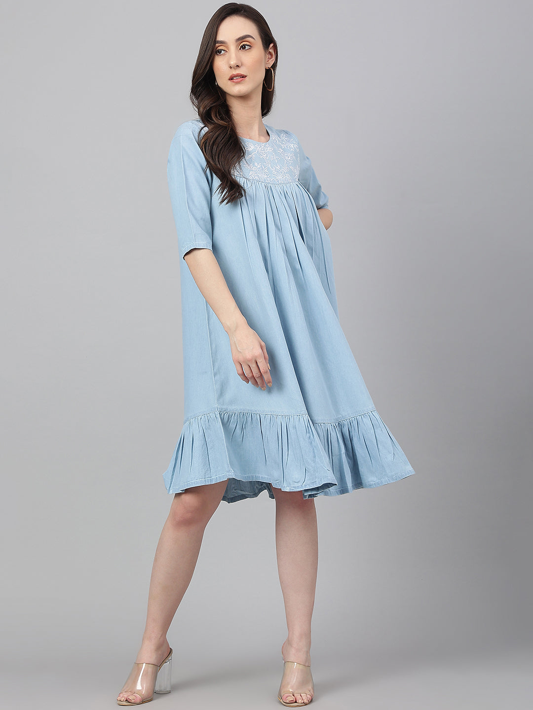 Janasya Women's Light Blue Denim Solid Flared Western Dress