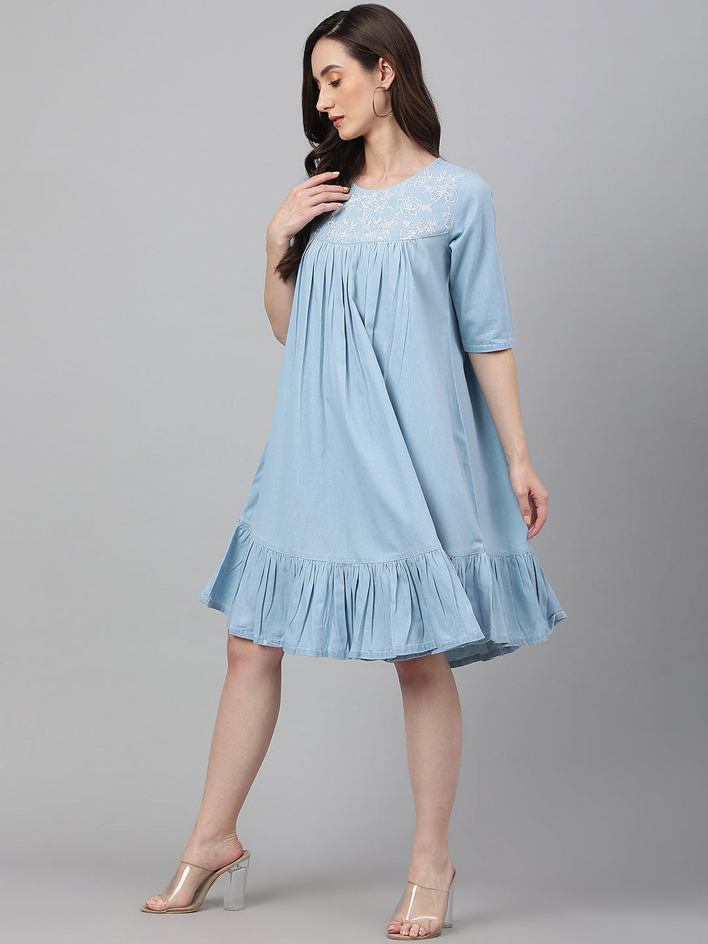 Janasya Women's Light Blue Denim Solid Flared Western Dress
