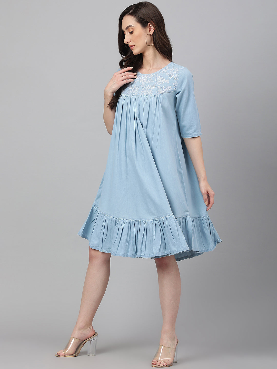 Janasya Women's Light Blue Denim Solid Flared Western Dress